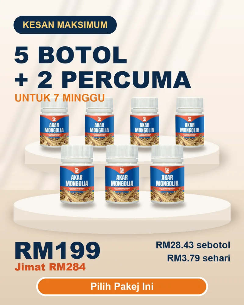 Pakej 5 botol + 2 percuma Akar Mongolia RM199, kesan maksimum untuk 7 minggu