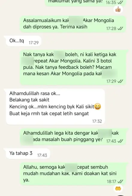 Mesej WhatsApp pelanggan repeat order ke-3