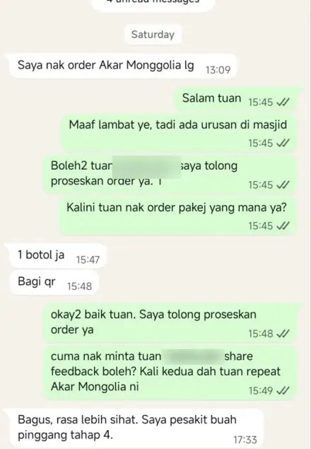 Mesej WhatsApp pelanggan repeat order, tahap 4