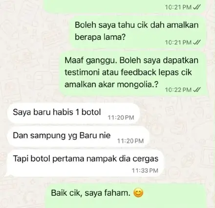 Mesej WhatsApp pelanggan: botol pertama nampak cergas